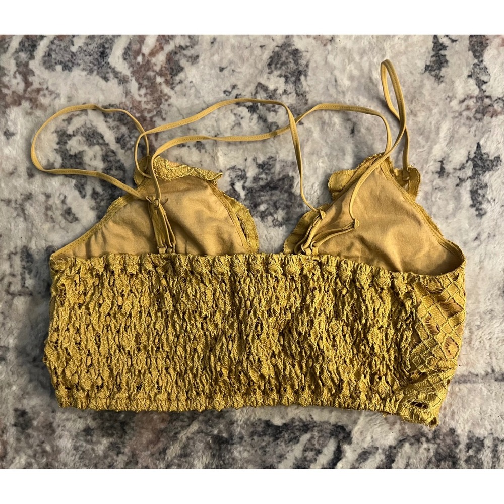 NWOTMustard Yellow Lace Bralette Boho Crochet Smocked Back Adjustable Straps, L - Picture 2 of 5